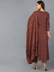 Women Maroon Cotton Blend Striped Printed