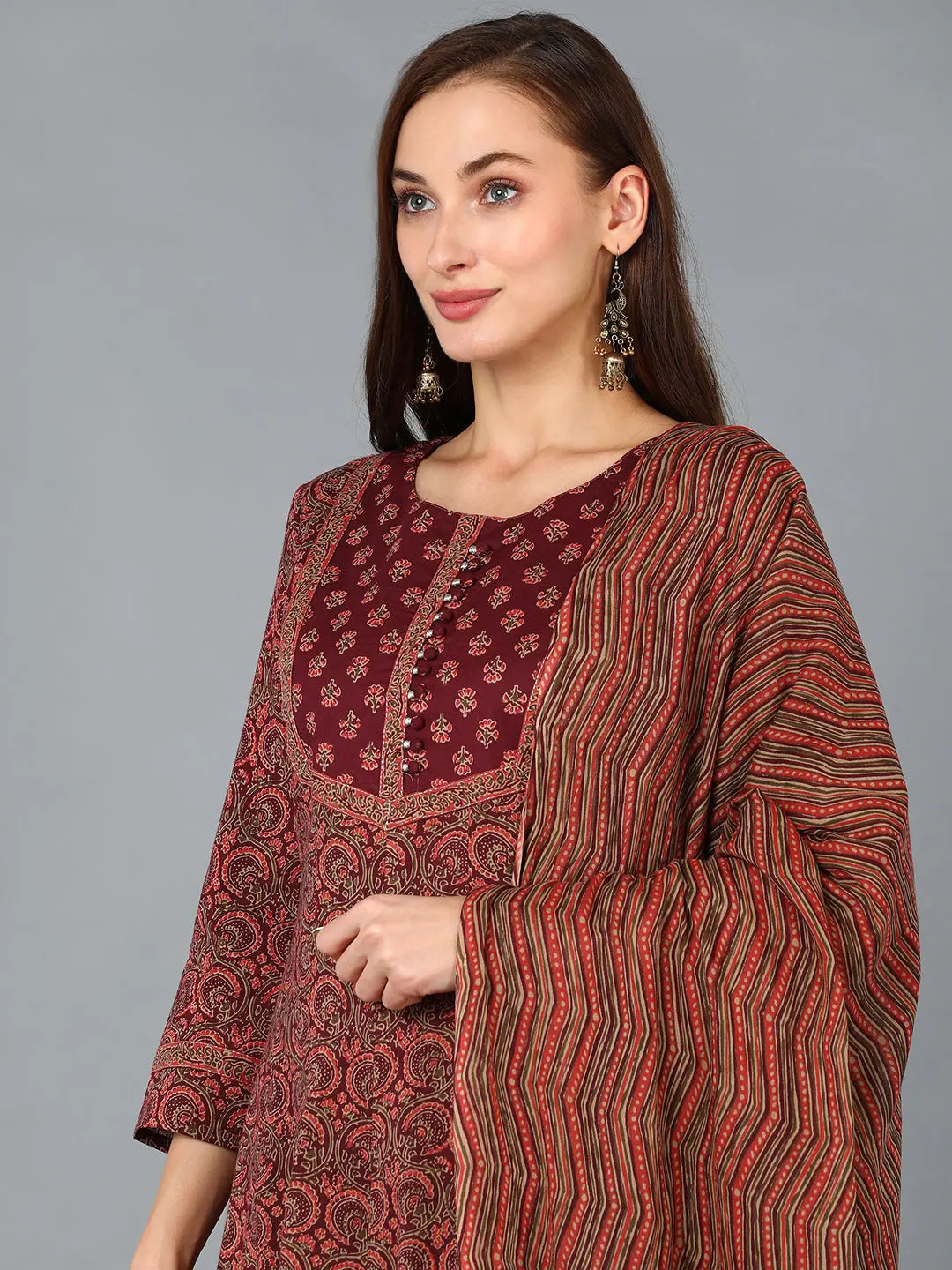 Maroon Cotton Blend Striped Printed Women's Kurta Sets