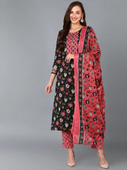 Women Black Cotton Blend Floral Printed-VKSKD1233A