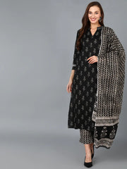Women Black Cotton Blend Paisley Printed