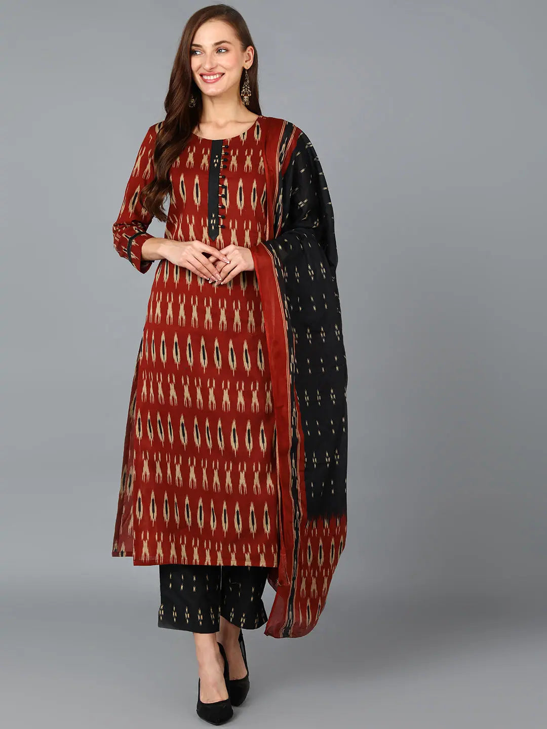 Women Brown Cotton Blend Ethnic Motifs