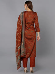 Burnt-Orange Cotton Straight Kurta Pant With Dupatta-VKSKD1797A
