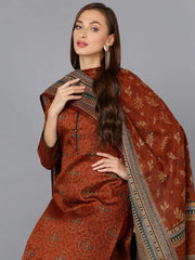Burnt-Orange Cotton Straight Kurta Pant With Dupatta-VKSKD1797A
