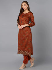 Burnt-Orange Cotton Straight Kurta Pant With Dupatta-VKSKD1797A