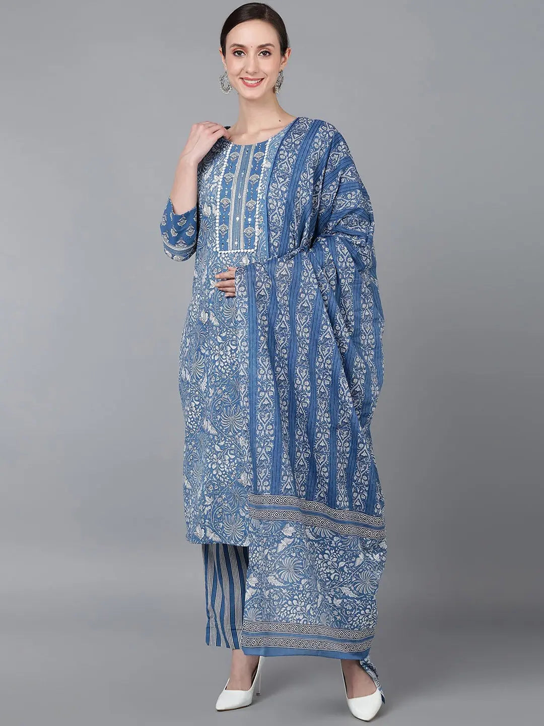 Women Cotton Floral Printed Kurta Trousers-VKSKD1447A