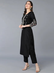 Silk Blend Black Embroidered Straight Kurta With