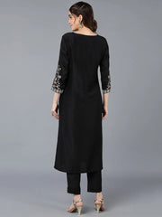 Silk Blend Black Embroidered Straight Kurta With