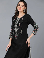 Silk Blend Black Embroidered Straight Kurta With
