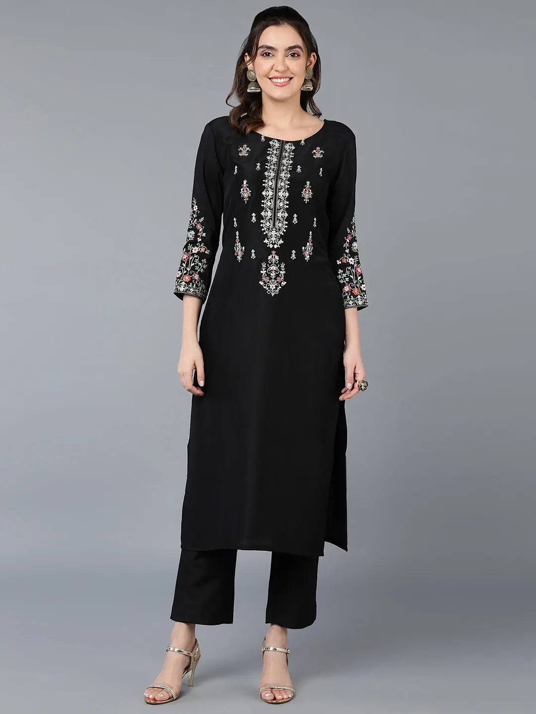 Black Embroidered Silk Blend Kurta - Designer Lehenga Choice