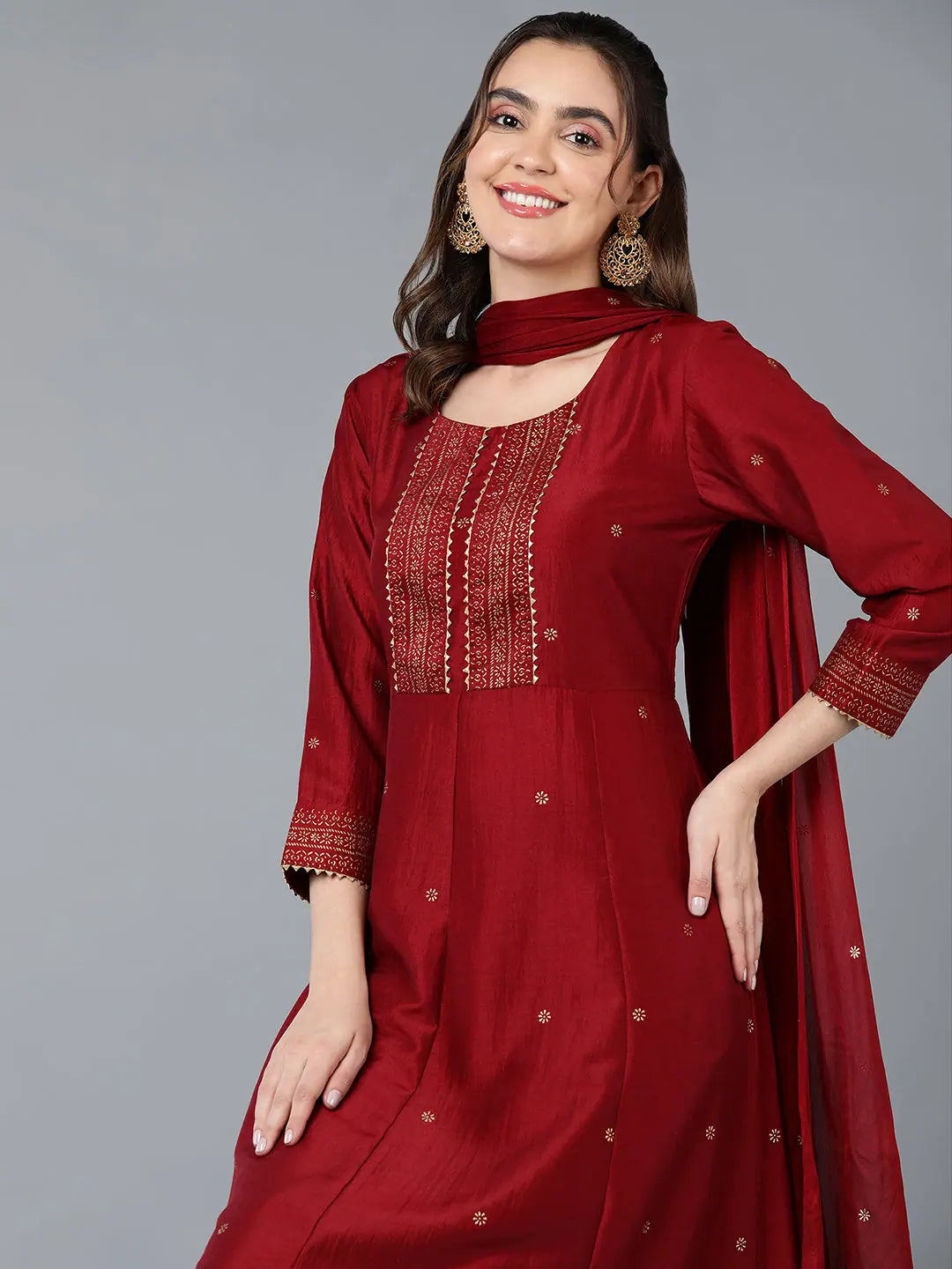 Silk Blend Maroon Rogan Work Kurta | Festive Lehenga