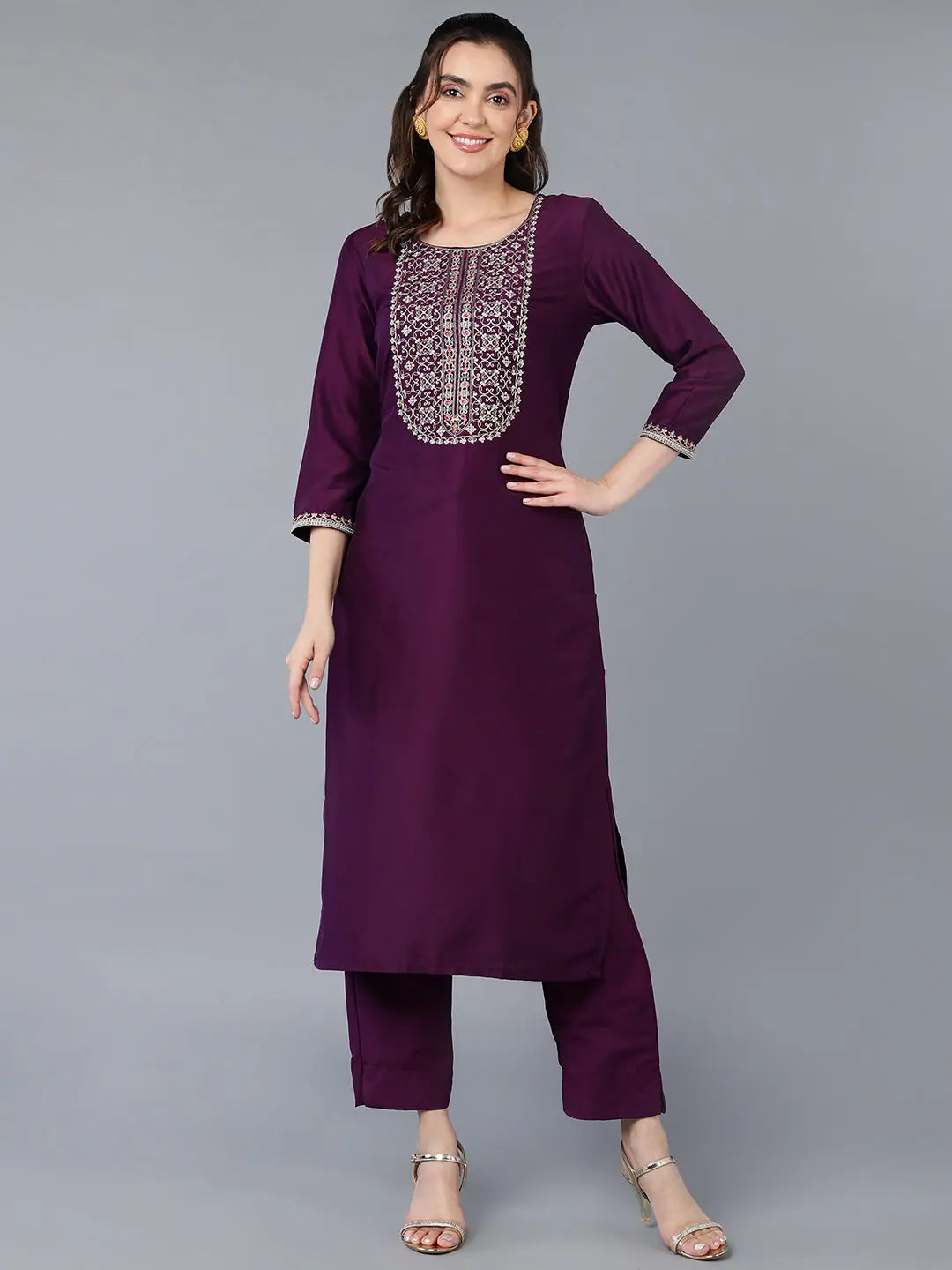Purple Embroidered Silk Kurta Set | Ethnic Women's Lehenga