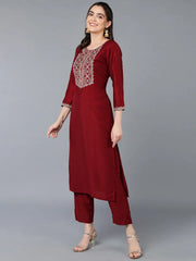 Silk Blend Maroon Embroidered Straight Kurta With-VKSET1412