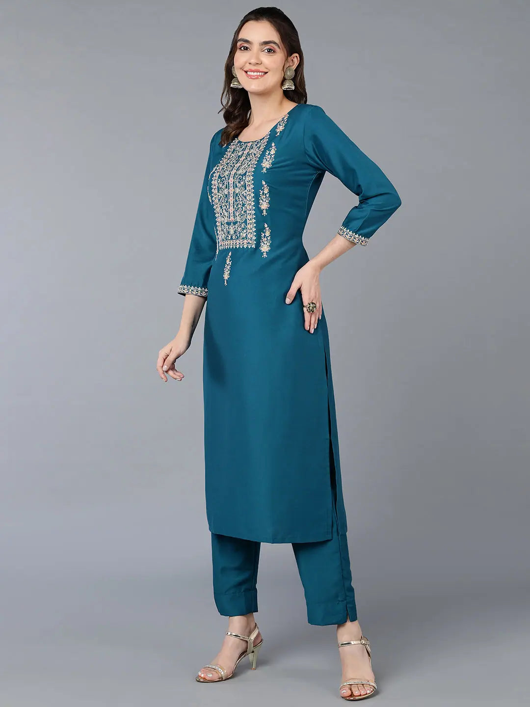 Teal Blue Embroidered Silk Kurta | Traditional Indian Lehenga