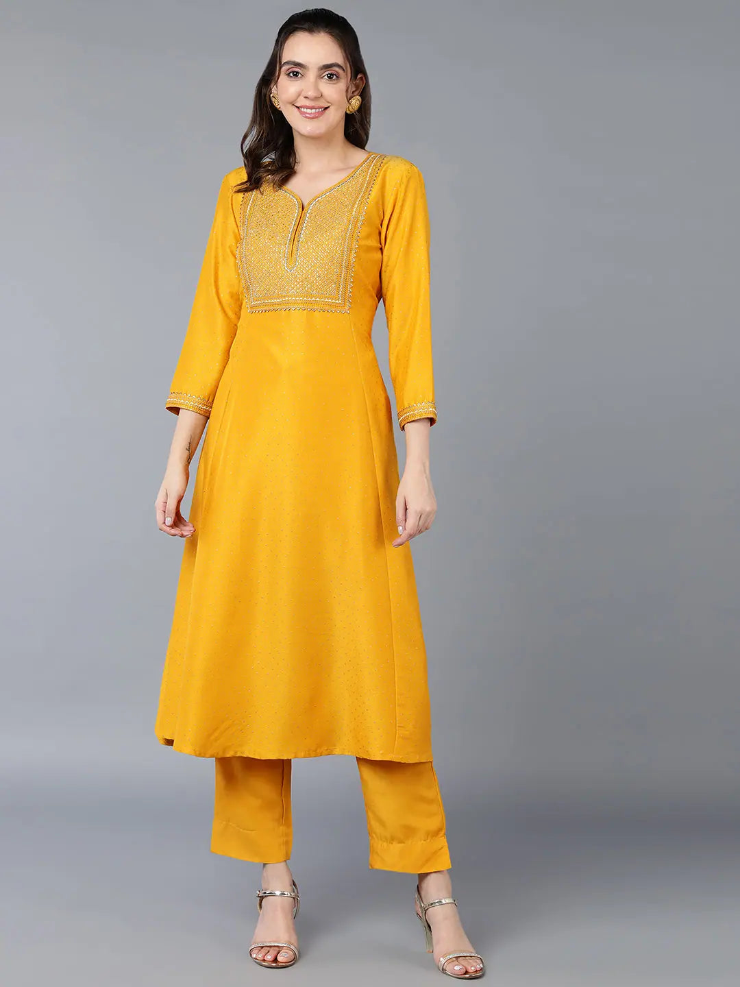 Yellow Embroidered Silk Flared Kurta | Wedding Lehenga Online