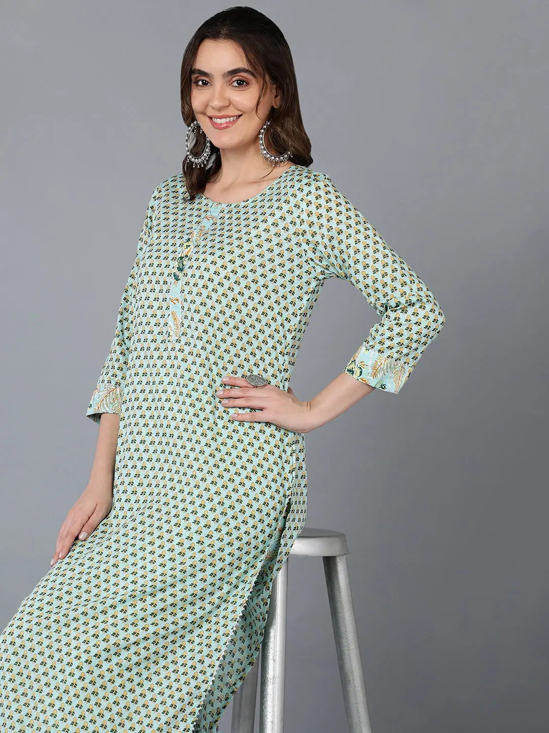 Sea Green Ethnic Printed Cotton Kurta Pant Set | Kurta Sets