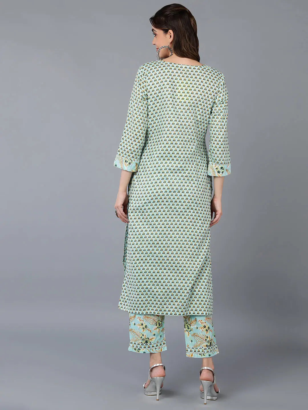 Sea Green Ethnic Printed Cotton Kurta Pant Set | Kurta Sets