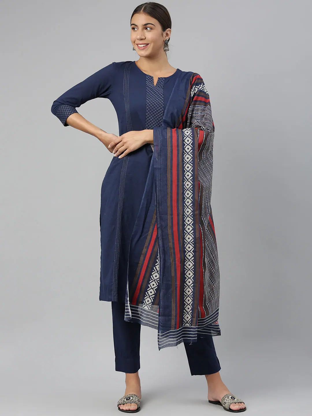 Women's Cotton Printed Kurta Palazzo Dupatta-VKSKD1034E