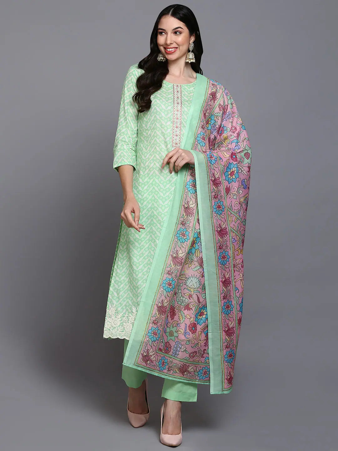 Cotton Green Printed Kurta Set | Women's Indian Kurta Sets