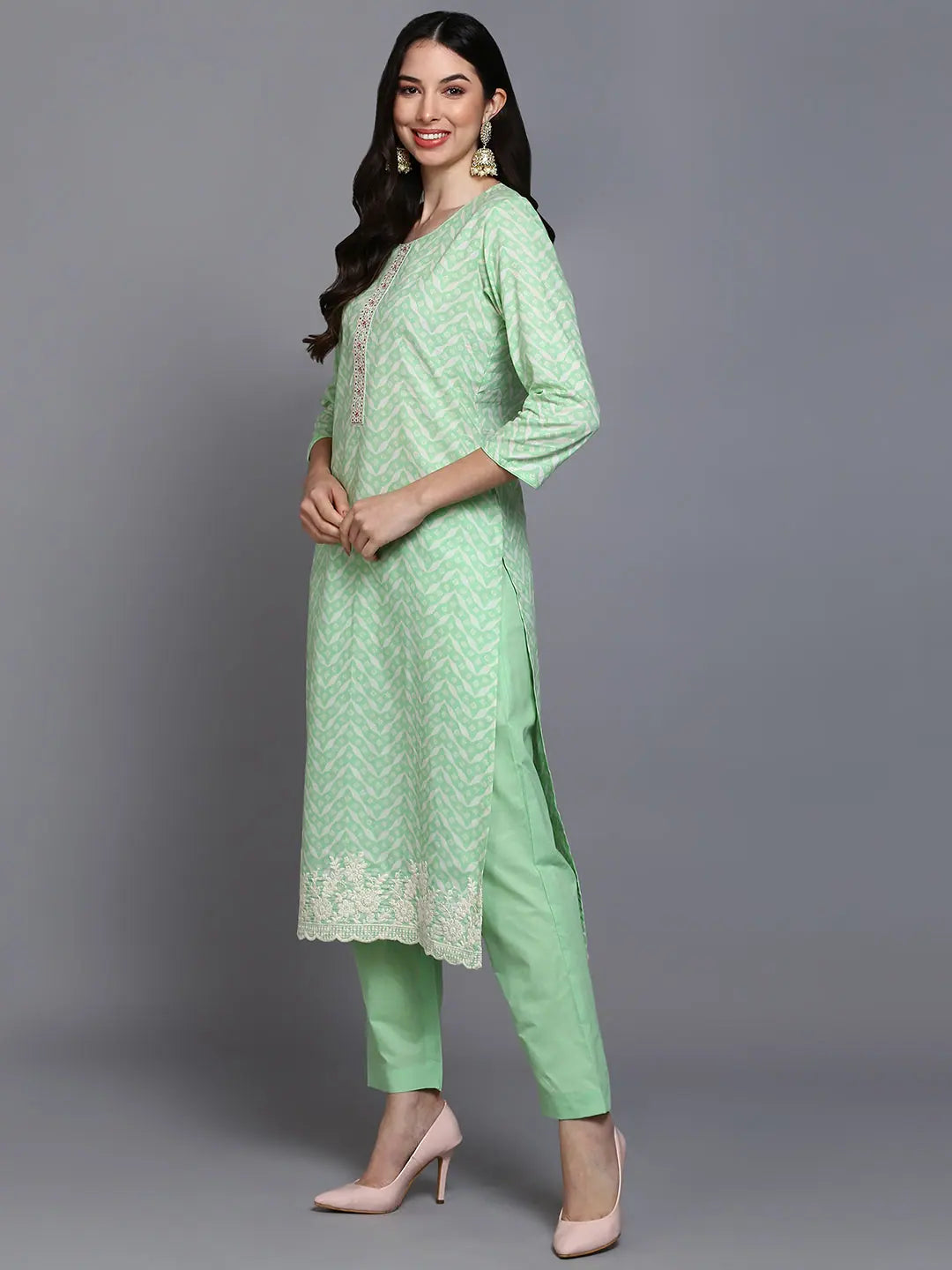 Cotton Green Printed Kurta Set | Women's Indian Kurta Sets