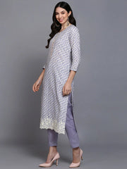 Cotton Blue Printed Straight Kurta Pant With-VKSKD1906