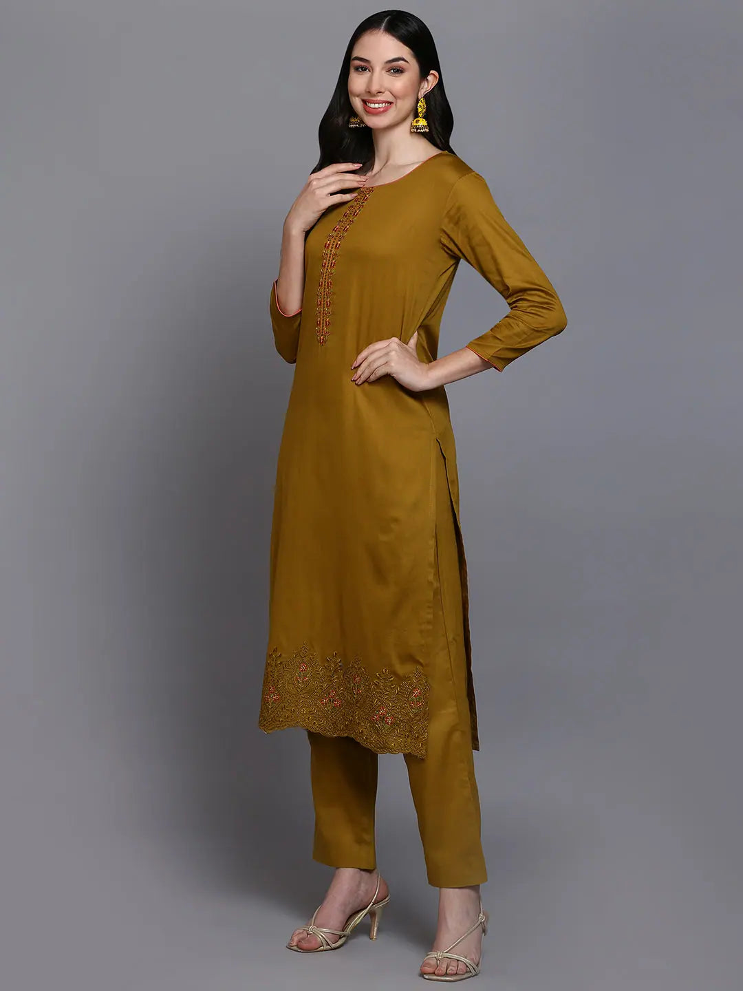 Olive Embroidered Cotton Kurta Set | Women's Indian Kurta Sets