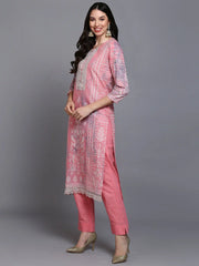 Cotton Peach Printed Straight Kurta Pant With-VKSKD1914