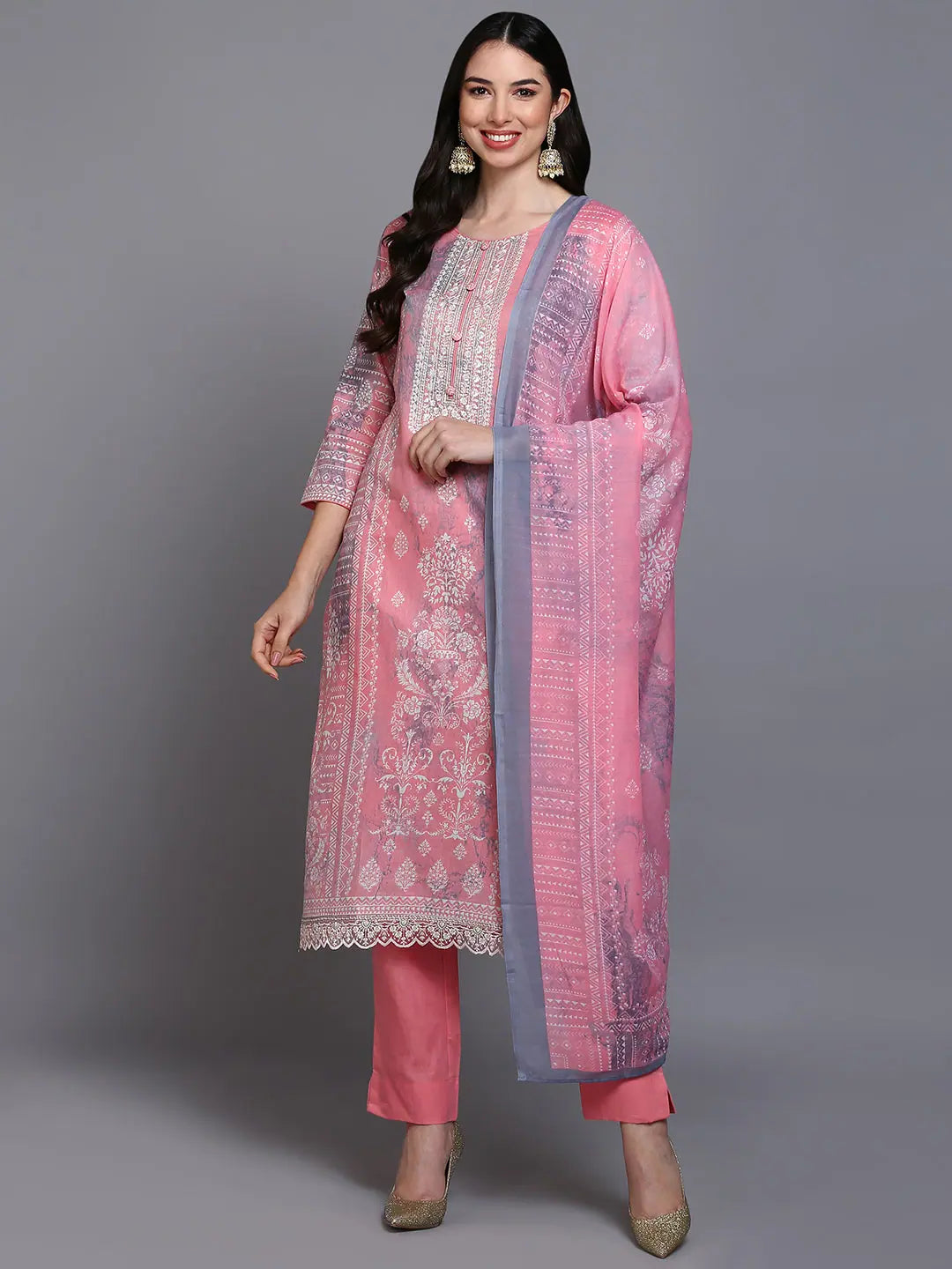 Cotton Peach Printed Straight Kurta Pant With-VKSKD1914