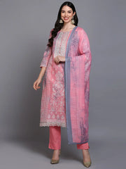 Cotton Peach Printed Straight Kurta Pant With-VKSKD1914