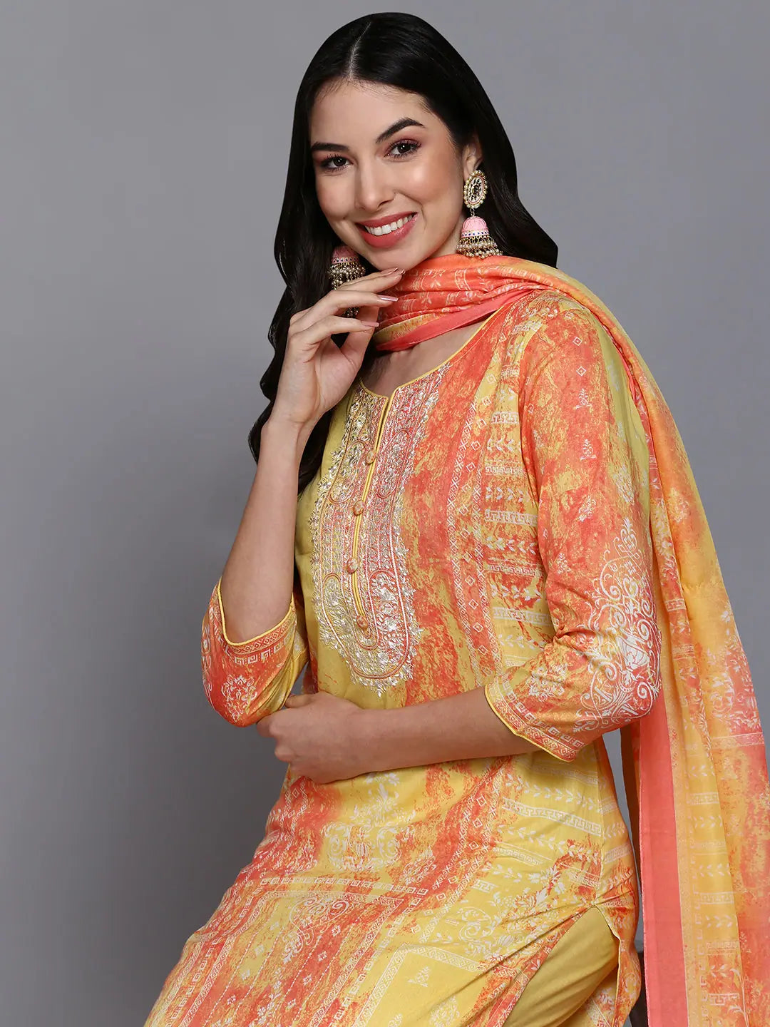 Yellow Printed Cotton Kurta Set | Women's Designer Kurta