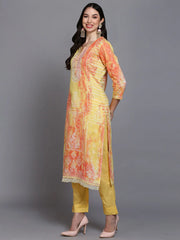 Cotton Yellow Printed Straight Kurta Pant With-VKSKD1916