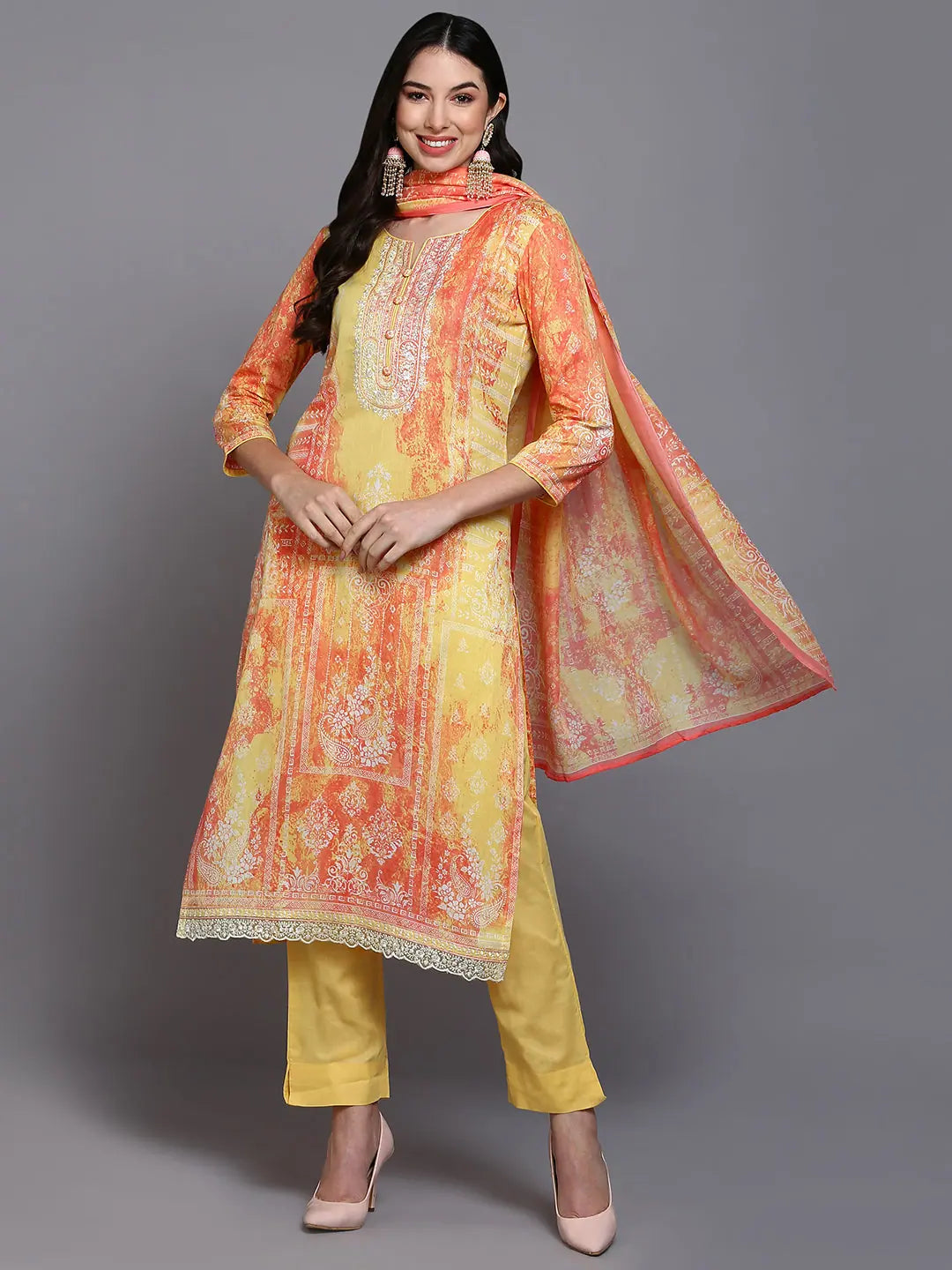 Yellow Printed Cotton Kurta Set | Women's Designer Kurta