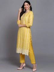 Cotton Yellow Printed Straight Kurta Pant With-VKSKD1911