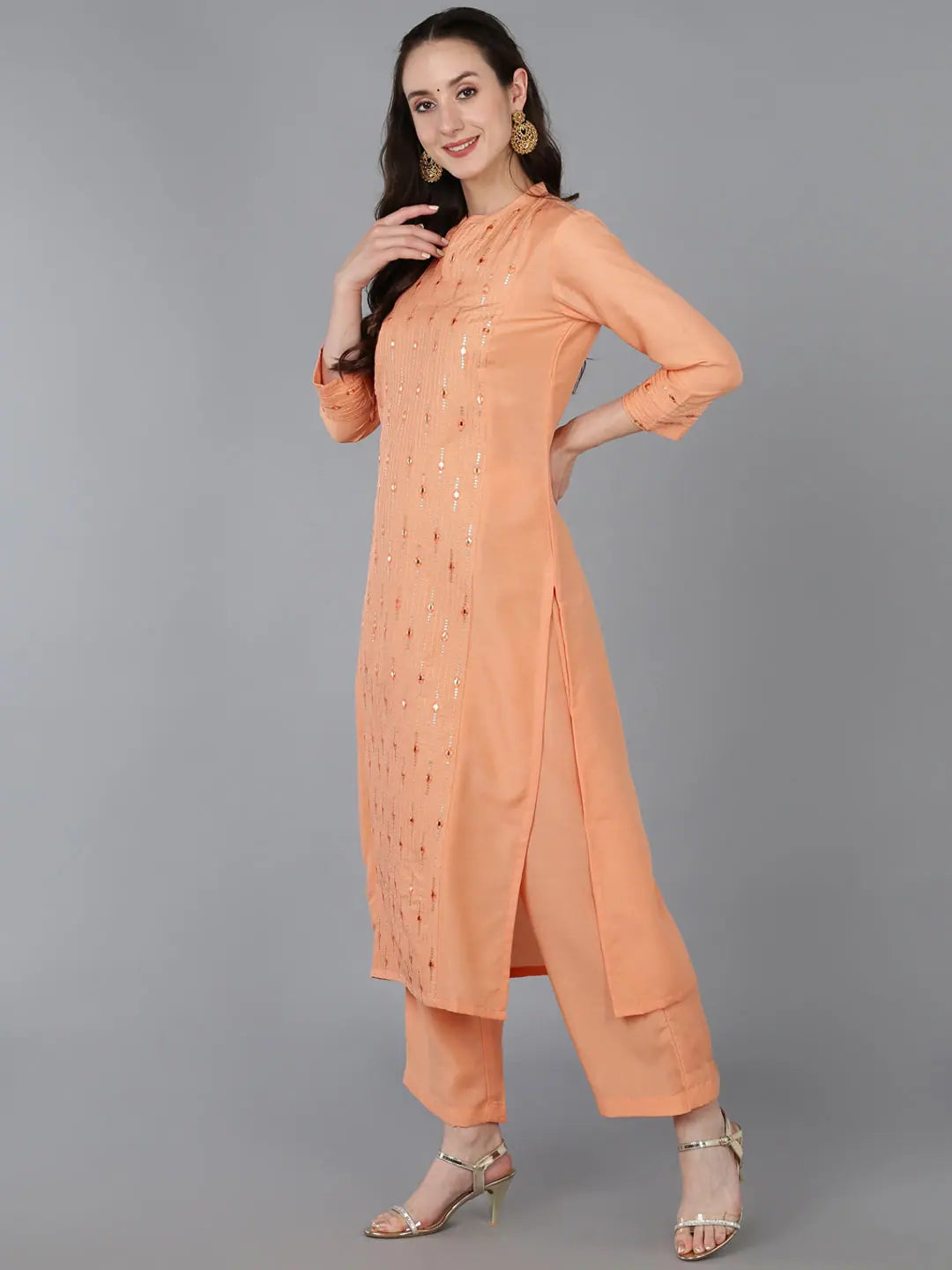 Embroidered Silk Blend Women's Kurta Sets with Mirror Work