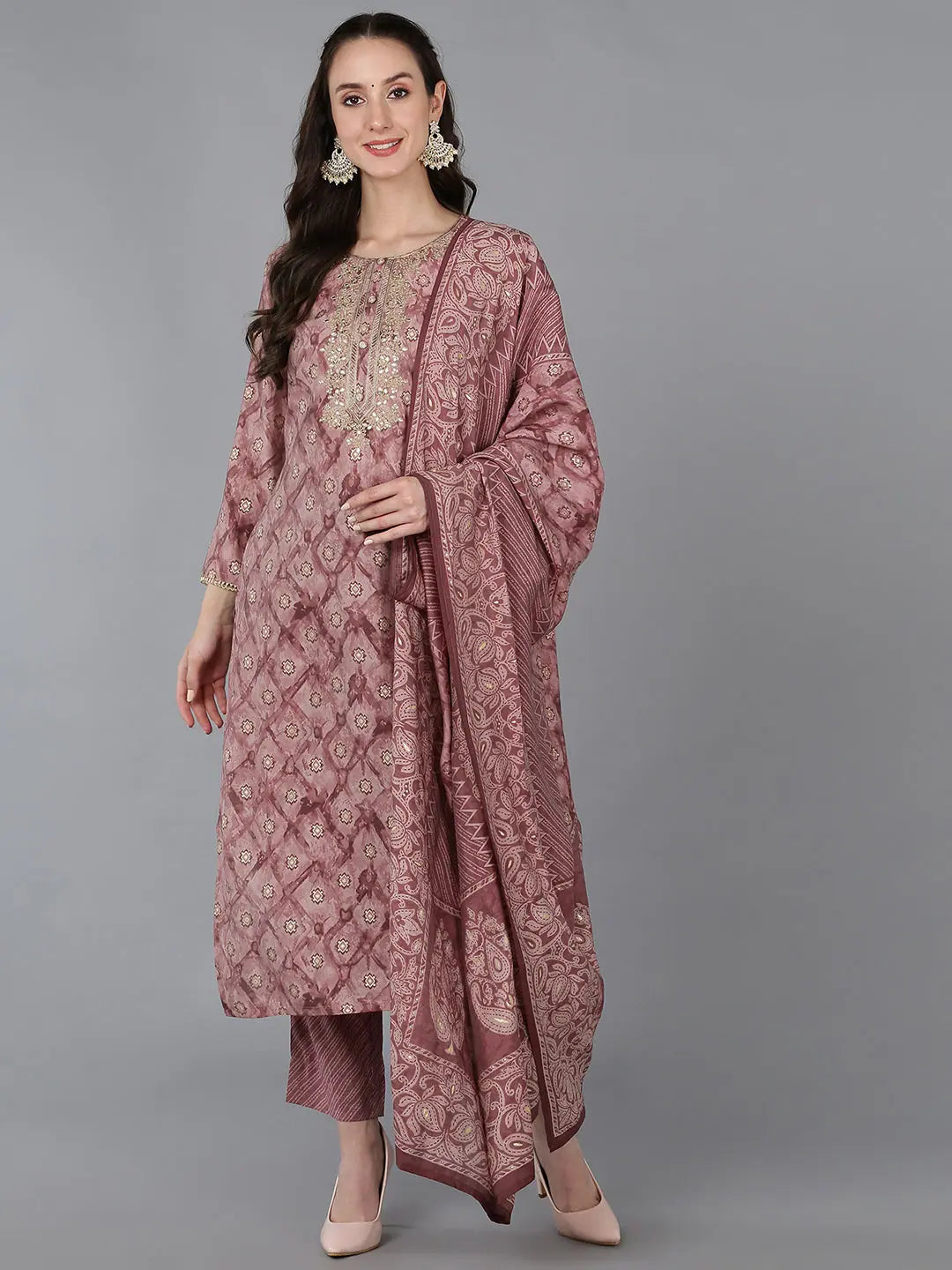 Women Silk Blend Embroidered Ombre Printed-VKSKD1690