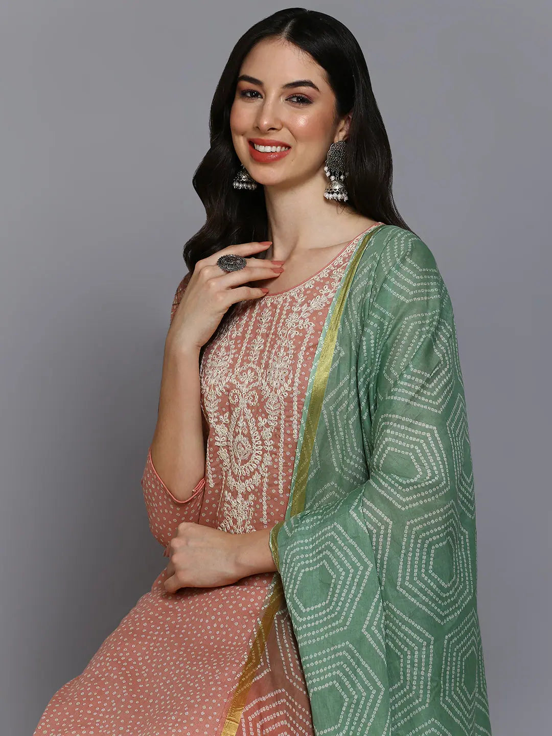 Peach Bandhani Printed Cotton Kurta Set | Indian Kurta Sets