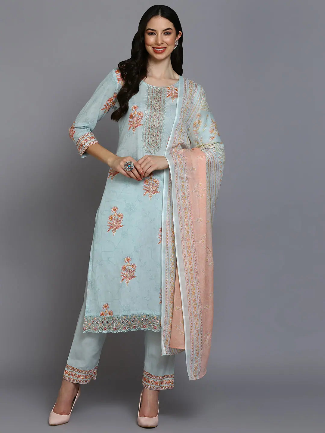 Cotton Blend Blue Printed Straight Kurta Pant-VKSKD1886