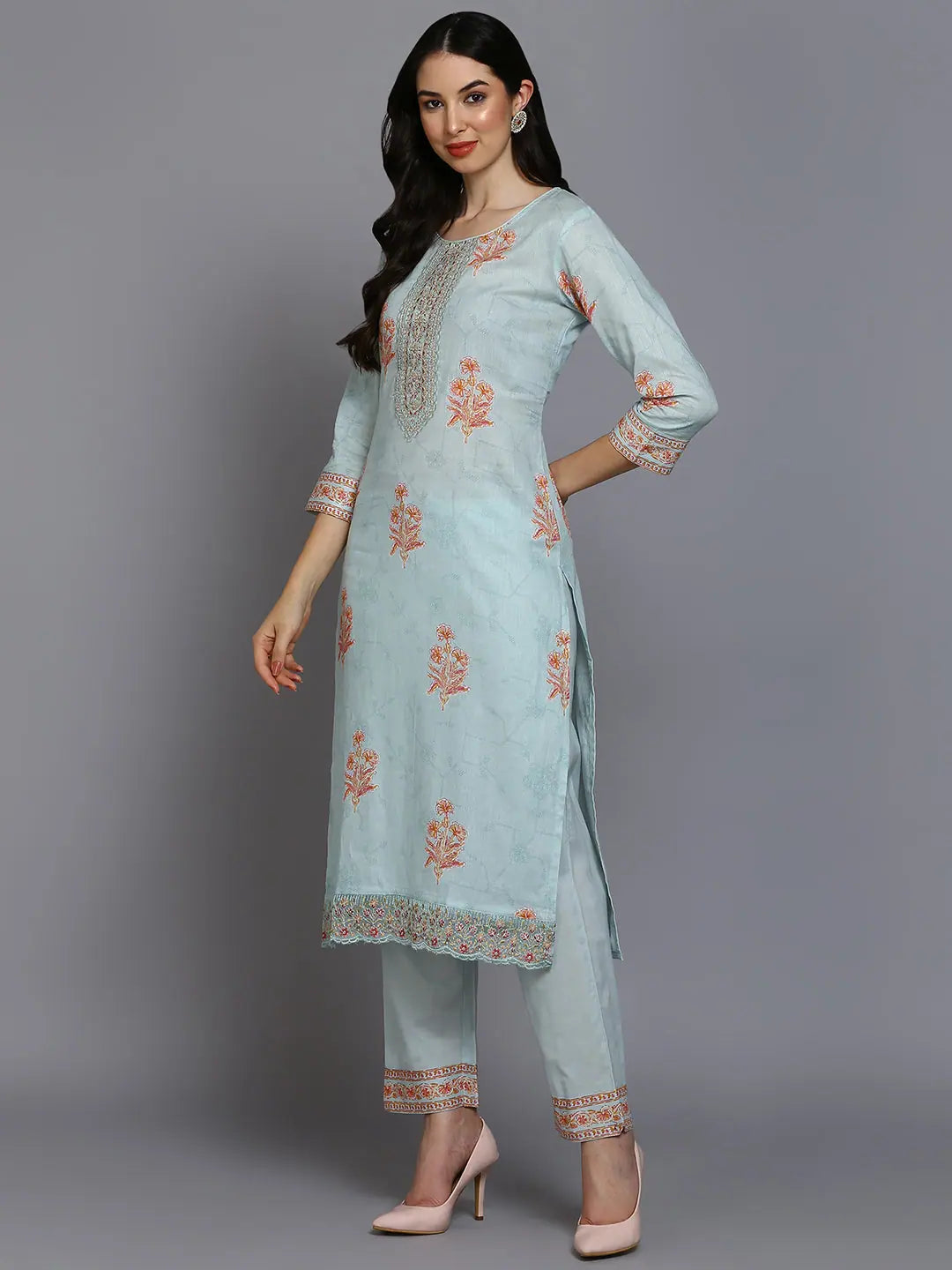 Blue Printed Cotton Kurta Set | Women's Indian Kurta Sets - Style 1