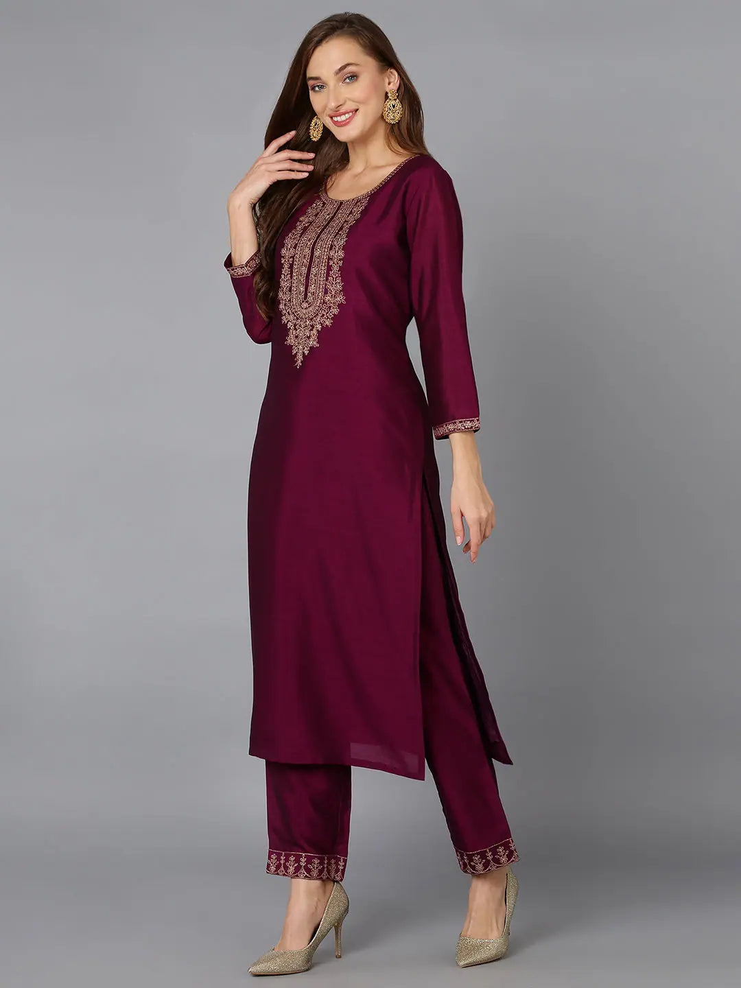 Wine Embroidered Kurta Set | Indian Kurta Sets for Women
