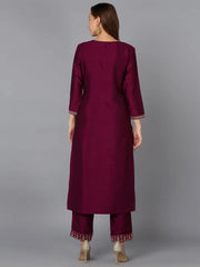 Silk Blend Wine Embroidered Kurta With Pant-VKSET1427