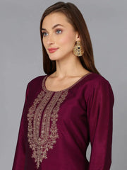 Silk Blend Wine Embroidered Kurta With Pant-VKSET1427