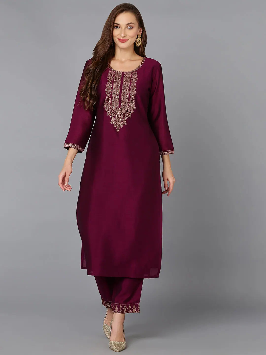 Wine Embroidered Kurta Set | Indian Kurta Sets for Women
