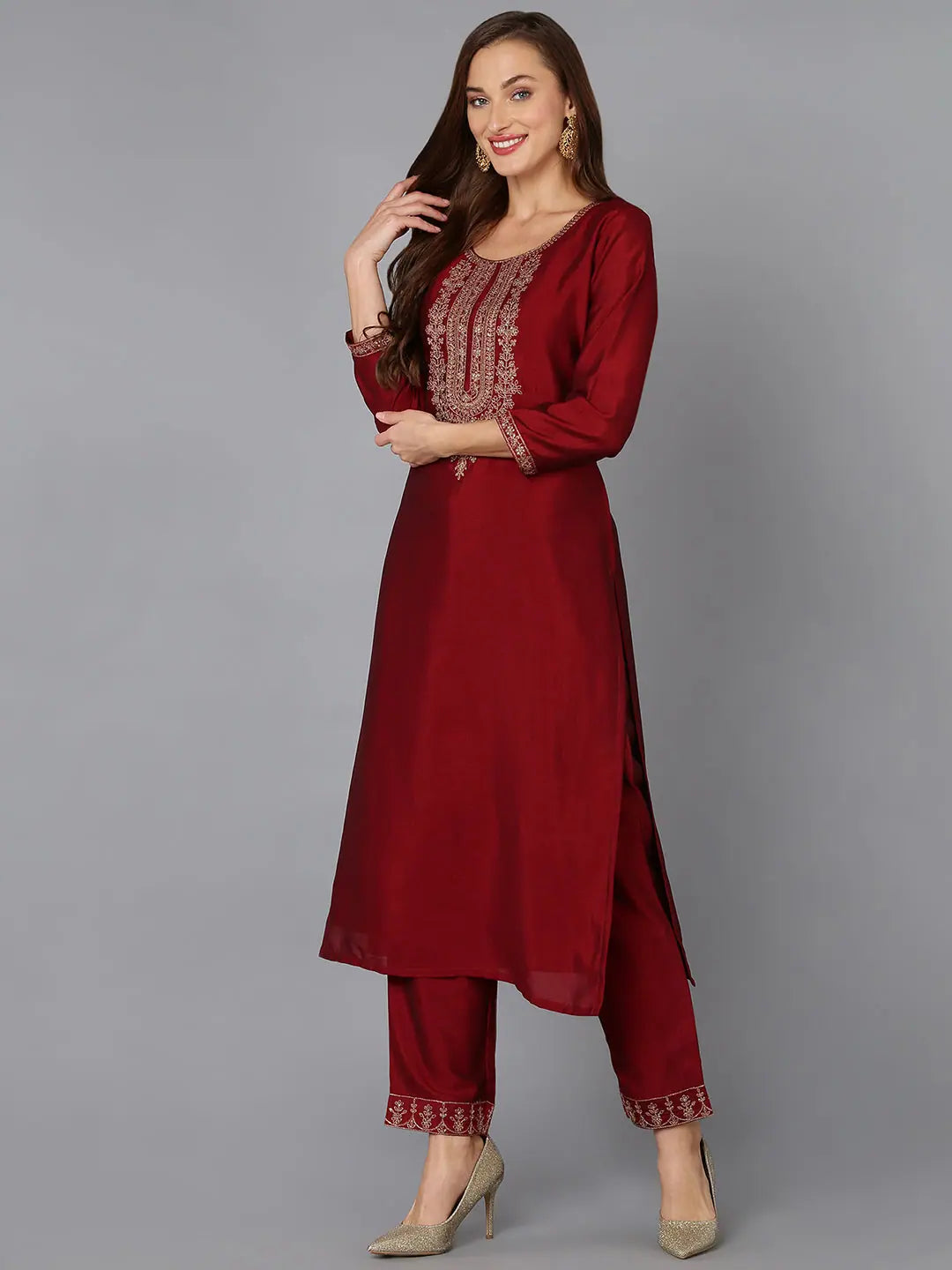 Maroon Embroidered Silk Blend Indian Kurta Set | Women's Fashion