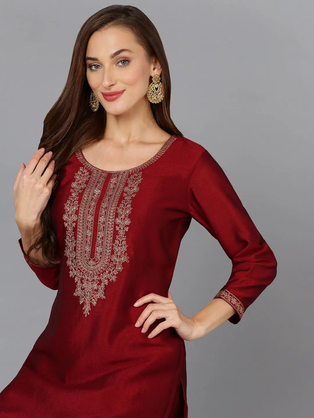 Maroon Embroidered Silk Blend Indian Kurta Set | Women's Fashion