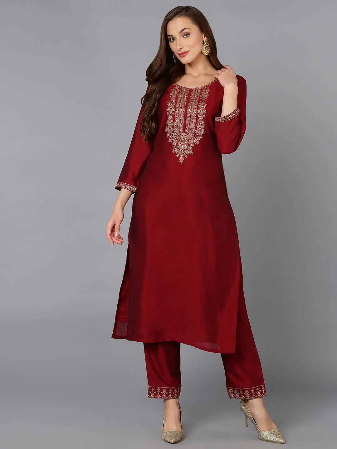 Maroon Embroidered Silk Blend Indian Kurta Set | Women's Fashion