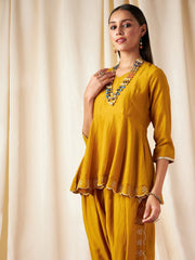 Women Mustard Zari Embroidered Peplum Top