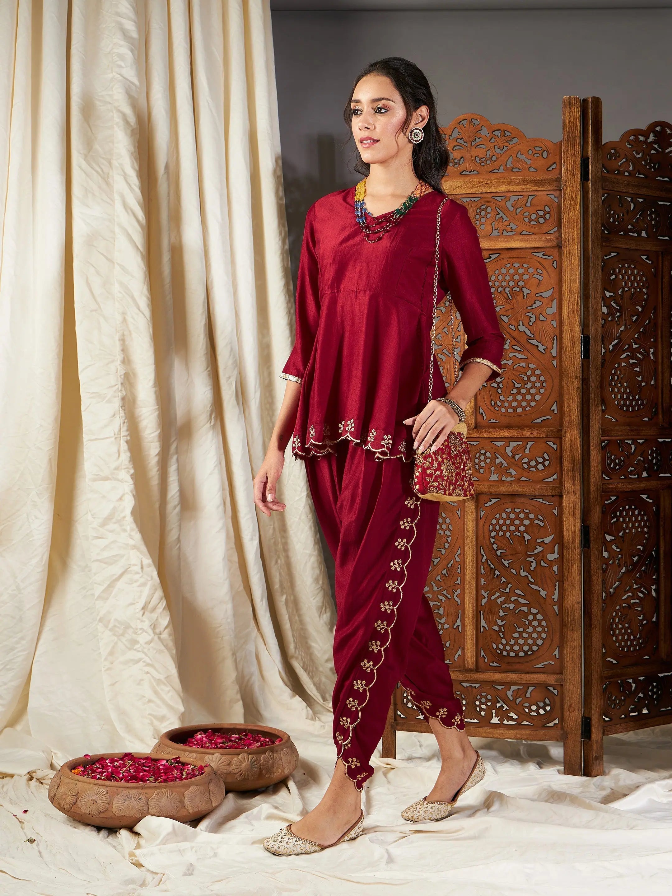 Maroon Zari Embroidered Peplum Top | Women's Blouses Online
