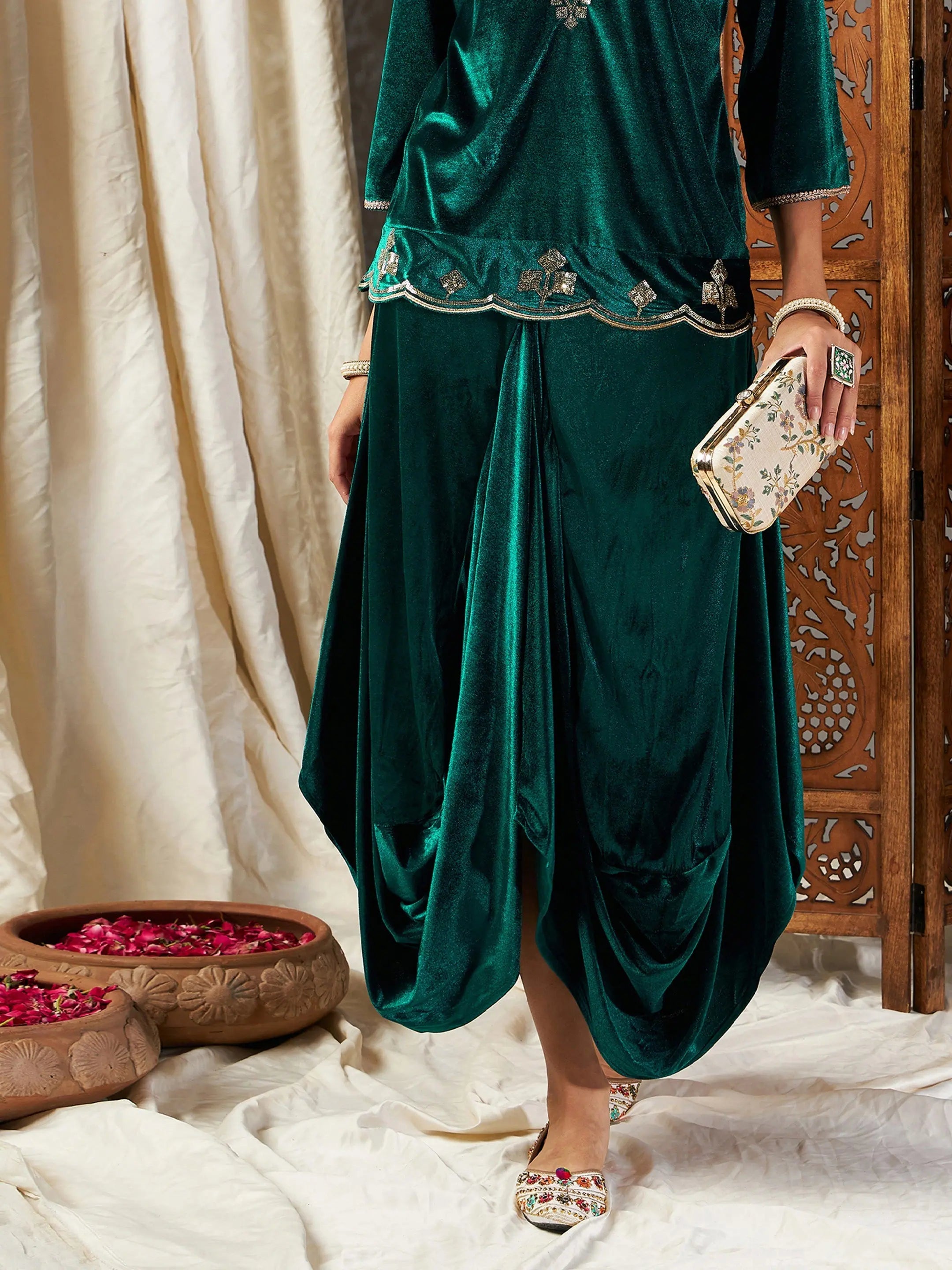 Green Velvet Dhoti Skirt | Women's Western Wear Outfits