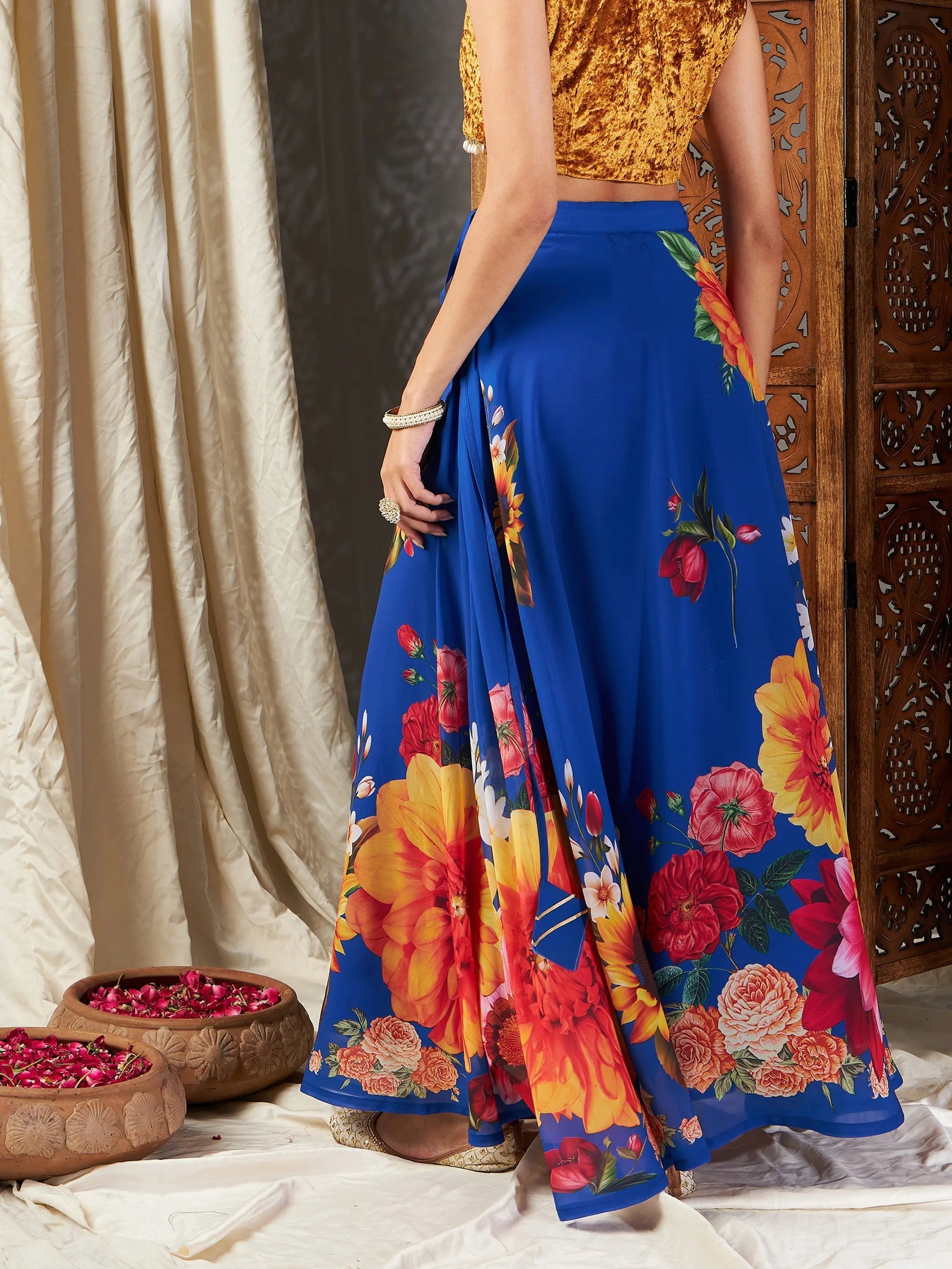 Blue Floral Flared Skirt | Women's Skirts | Polyester Fabric
