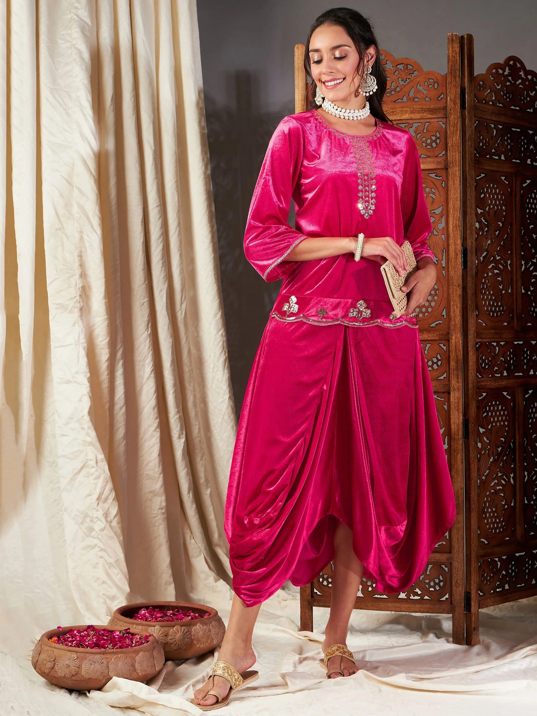 Fuchsia Velvet Dhoti Skirt - Women's Western Clothing Online