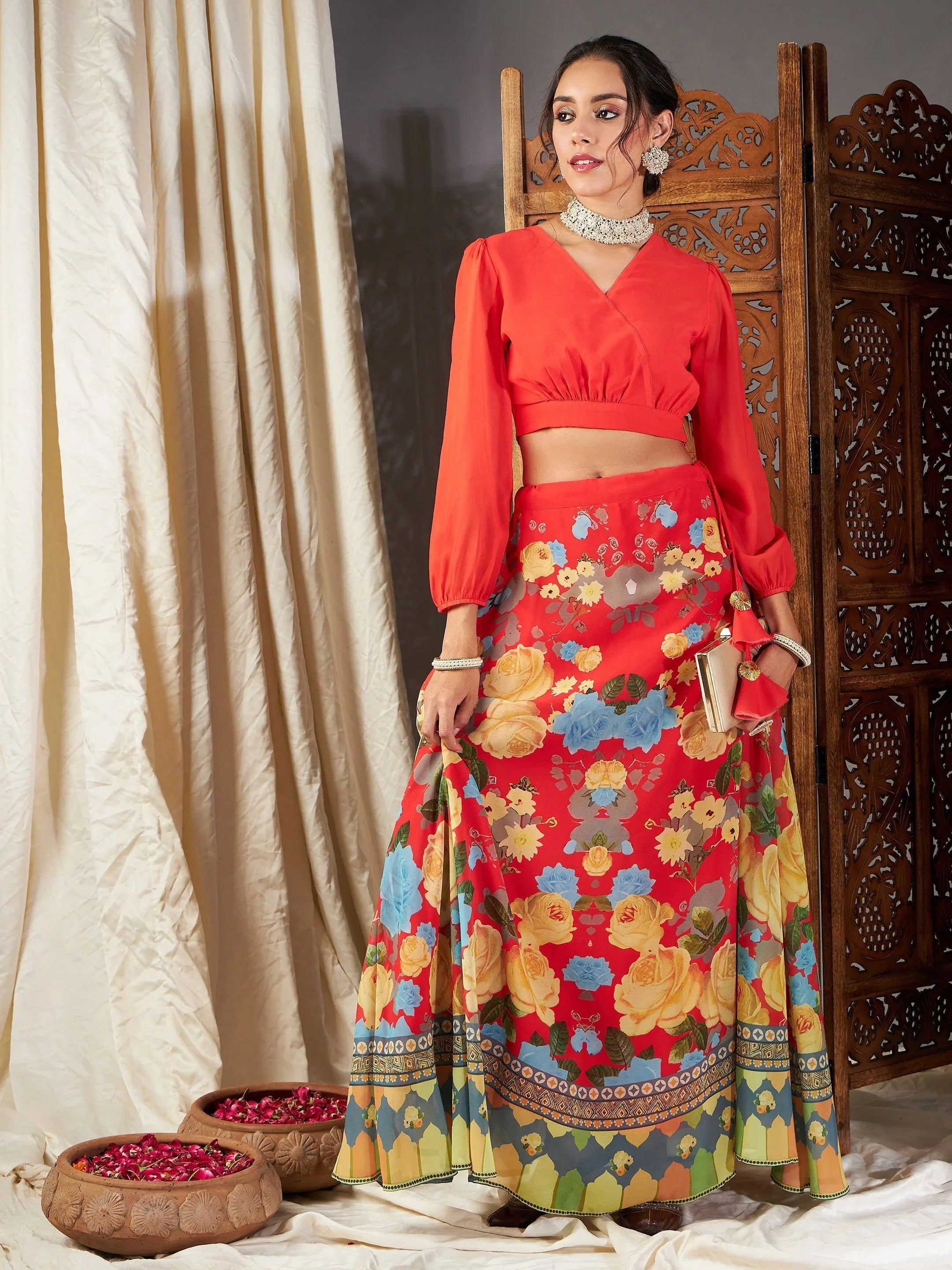 Floral Lehenga Choli for Women - Red & Yellow Party Wear